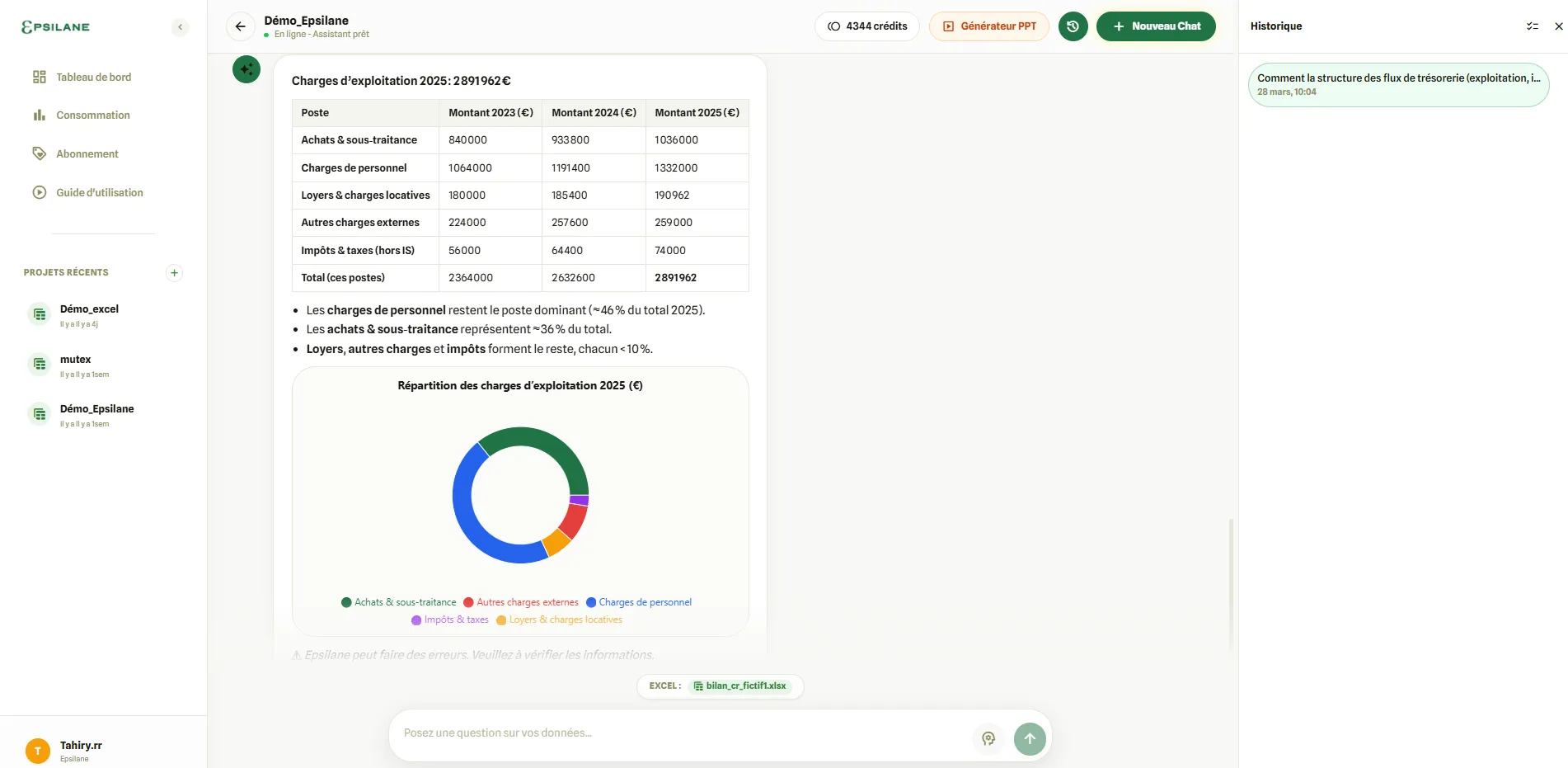 Interface Epsilane — assistant IA analysant un classeur Excel financier